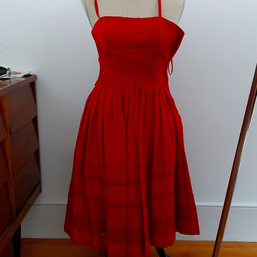 Anthropologie Red Eyelit Cotton Dress